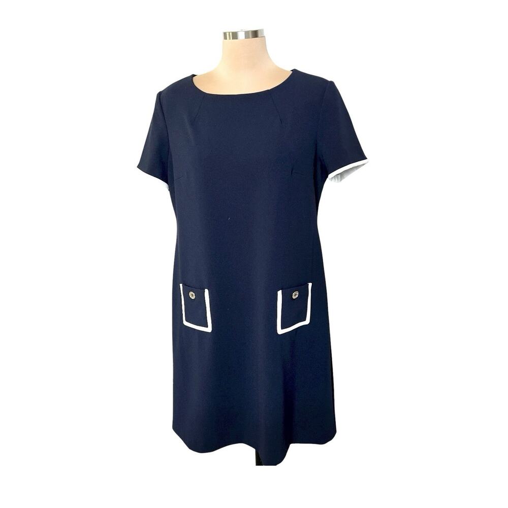 Tommy Hilfiger Sheath Dress Size 14 Navy Blue White Accent Short Sleeve Knee Vtg